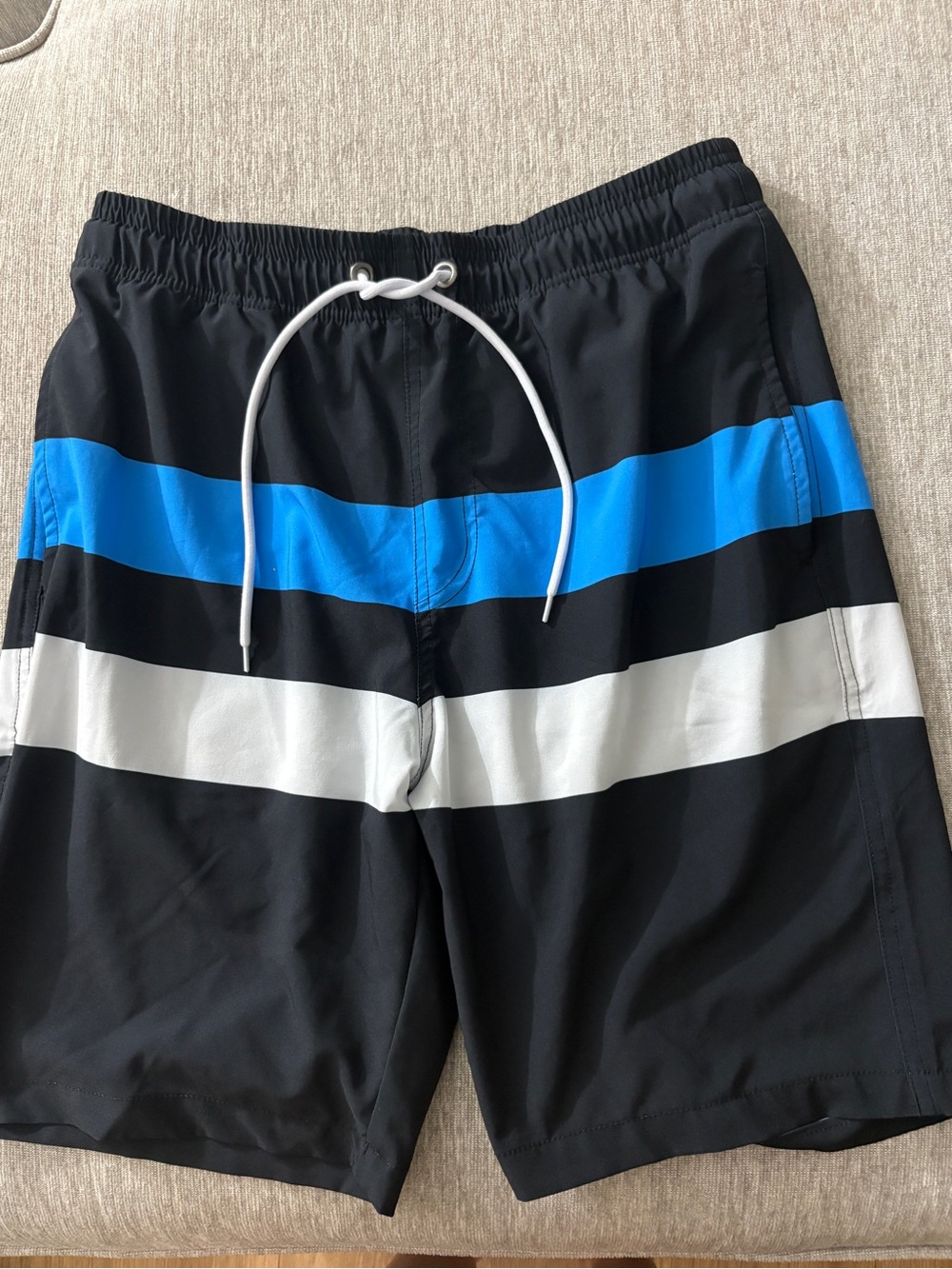 Men's Black Swim Board Shorts with Blue and White Stripes